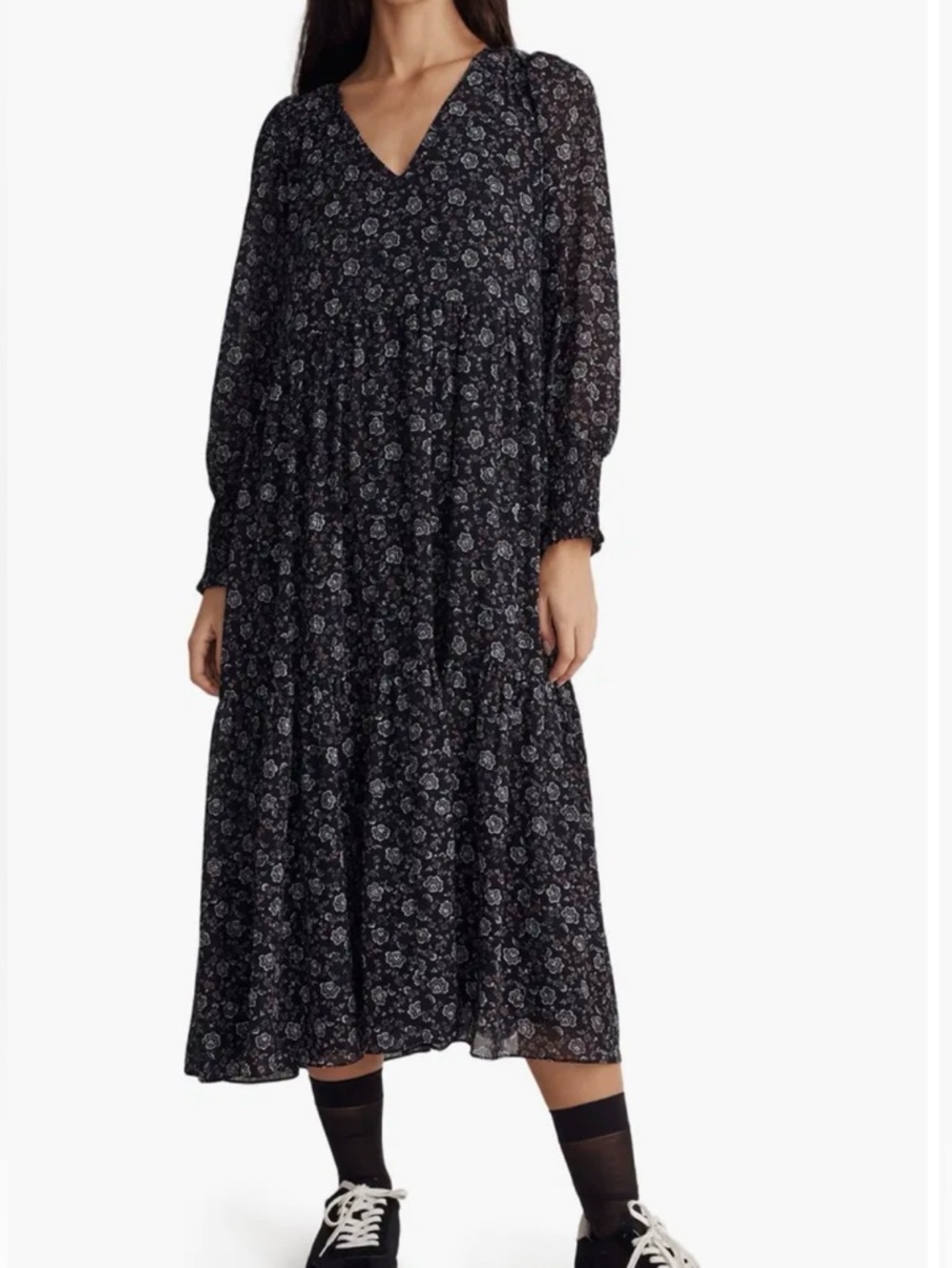 Madewell Enchanted Floral Long Sleeve Georgette v-neck tiered midi dress XL